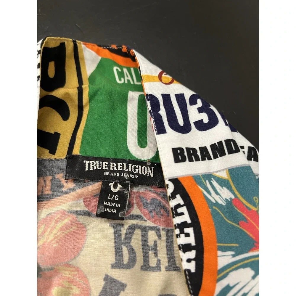 True Religion Colorful Allover West Coast Logo Camp Collar Shirt Men's Sz L